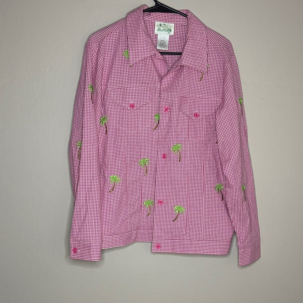 The Quaker Factory Vintage Gingam Palm trees Button Down Top size small